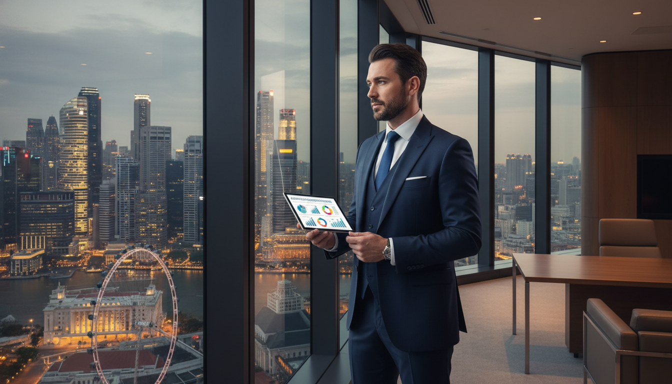A professional businessman in a tailored navy suit standing in a high-rise office in Singapore, looking out of a floor-to-ceiling window at the modern skyline, holding a tablet with medical insurance charts visible, lighting is soft and cinematic with a focus on luxury and stability.