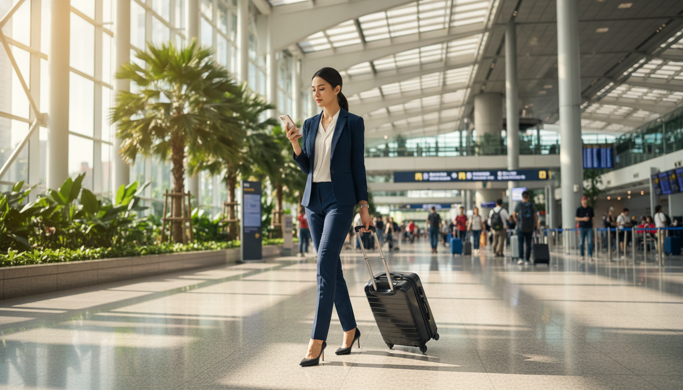A photorealistic image of a confident professional woman in a sharp business suit walking through a modern, sunlit international airport terminal in Singapore, pulling a sleek leather suitcase and looking at her smartphone, representing a successful global business expat.