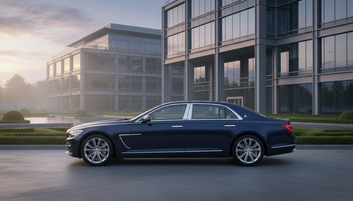 A side-profile shot of a sleek, midnight blue executive luxury sedan parked in the driveway of a contemporary glass-and-steel corporate headquarters at dawn. The lighting is soft and professional, highlighting the car's aerodynamic lines and polished chrome accents, 8k resolution, photorealistic.