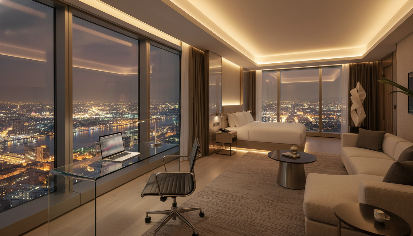 A wide-angle, photorealistic shot of a modern, high-end luxury hotel suite overlooking a glowing city skyline at night. The room features a sleek glass desk with a laptop, a designer ergonomic chair, and plush contemporary furniture, blending a professional office vibe with ultimate comfort.