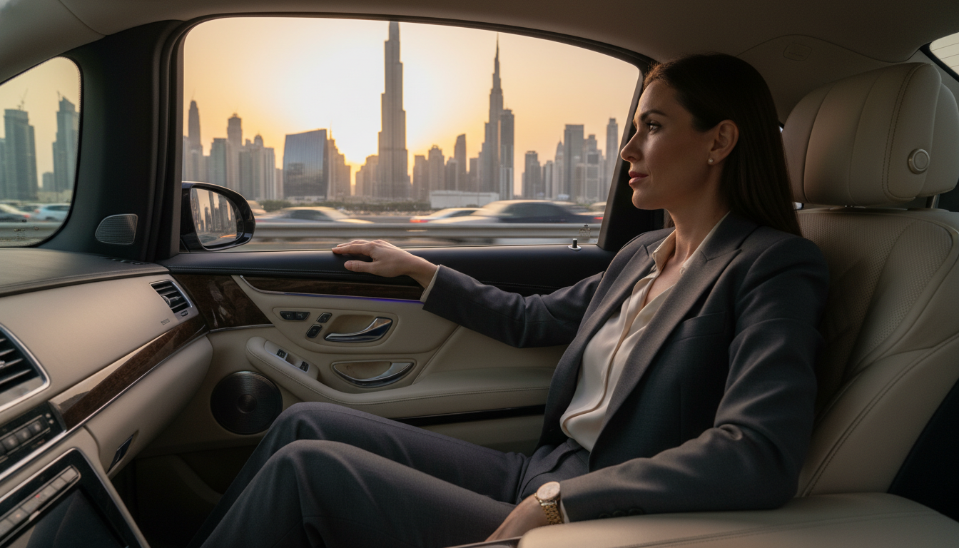 A sophisticated professional in a charcoal suit sitting in the back of a luxury black sedan, looking out the window at the gleaming skyscrapers of Dubai at dusk, interior leather details visible, cinematic lighting, photorealistic, 8k resolution.