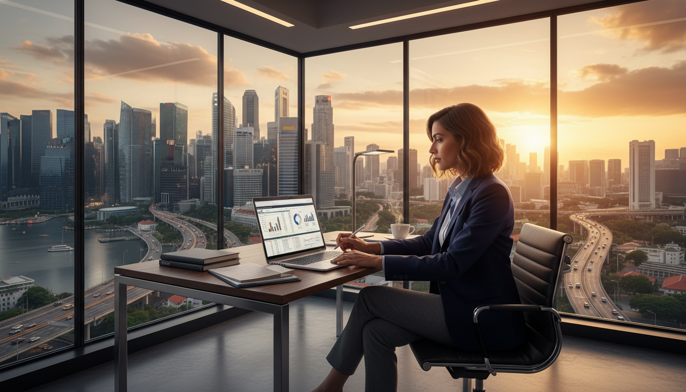 A professional entrepreneur of diverse background sitting in a modern glass-walled office in a cosmopolitan city like Singapore or Dubai, reviewing financial documents on a high-end laptop with a breathtaking cityscape in the background, cinematic lighting, 8k resolution, photorealistic style.