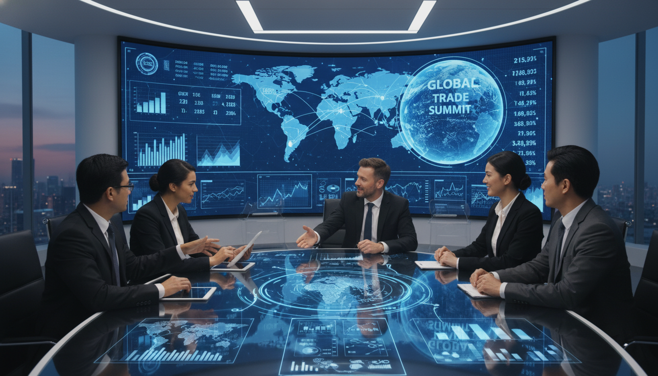 A professional modern office setting with a diverse group of business people discussing international trade around a high-tech conference table featuring digital globes and currency symbols on screens in the background, photorealistic style, 8k resolution.
