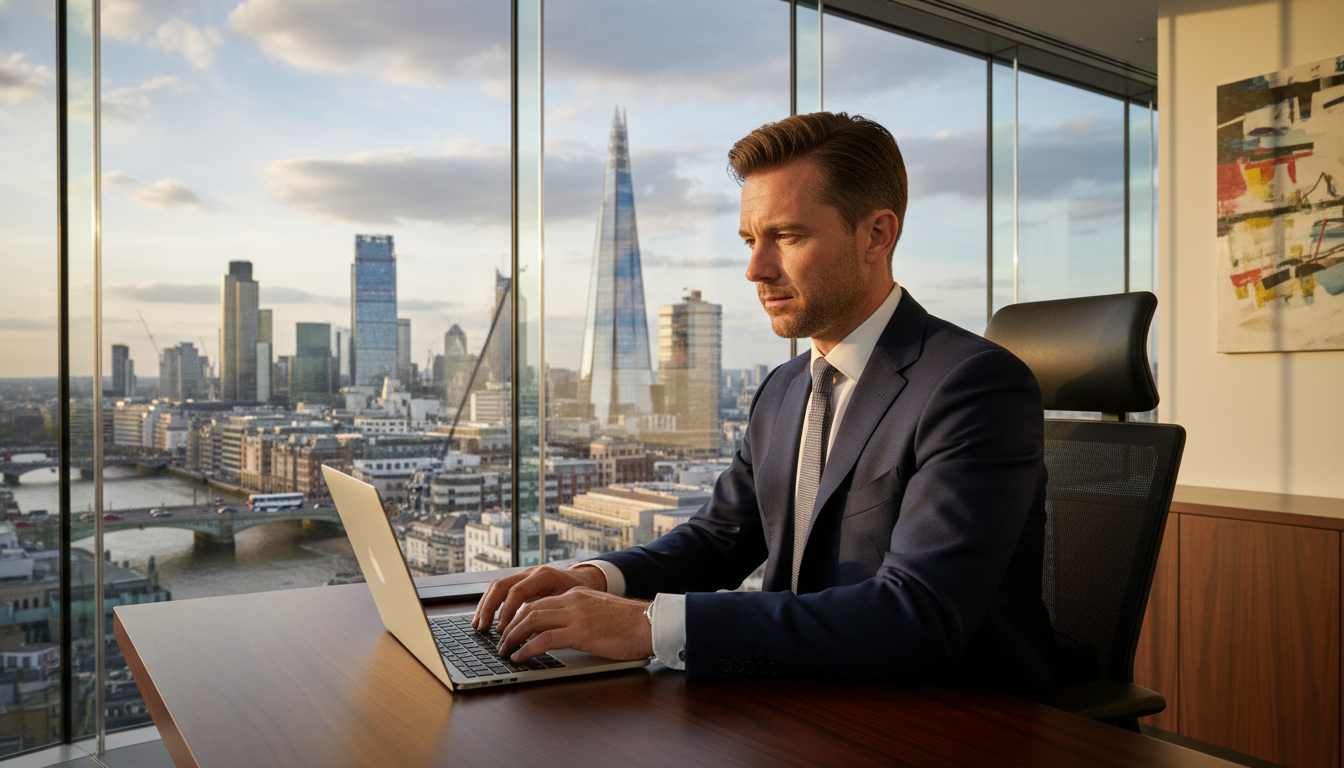 A photorealistic, high-resolution image of a professional business expatriate sitting in a modern glass-walled office in London, overlooking the City skyline with the Gherkin and Shard visible, dressed in a sharp navy suit, looking thoughtfully at a laptop screen.