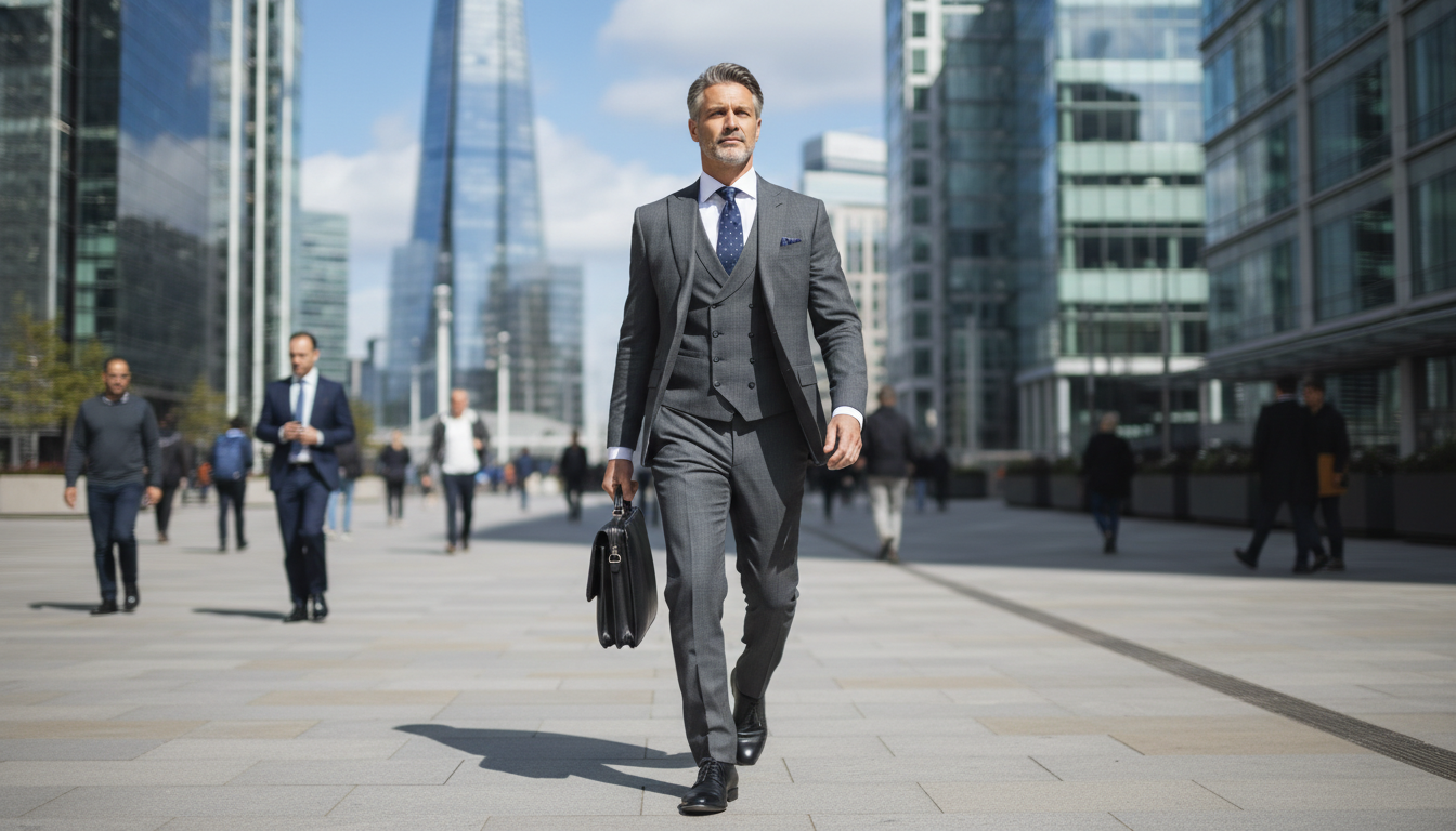 A photorealistic and professional image of a high-level executive walking through the Canary Wharf business district in London. The person is dressed in a tailored business suit, carrying a sleek leather briefcase, with modern glass skyscrapers and a clear blue sky in the background, captured with a shallow depth of field.