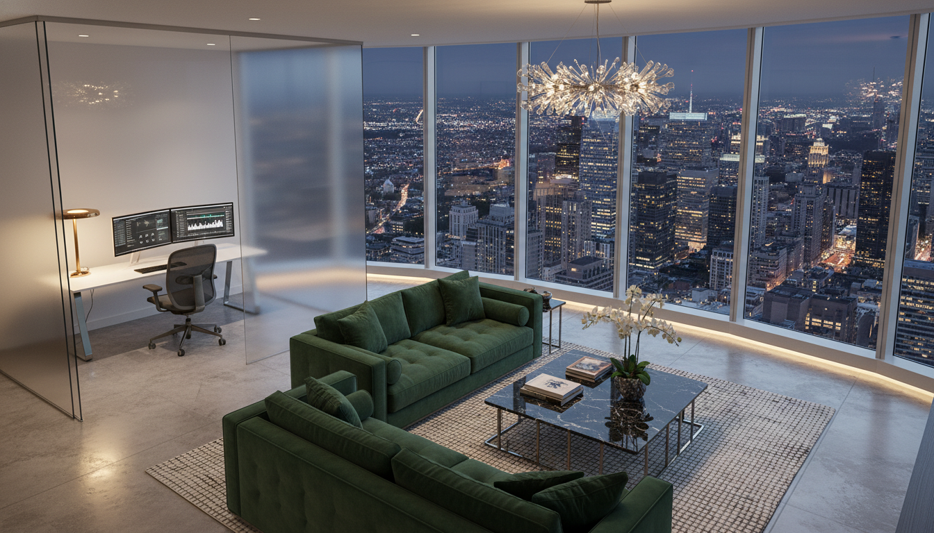 A photorealistic, high-angle interior shot of a modern luxury penthouse living room with floor-to-ceiling windows overlooking a shimmering city skyline at night. The room features a plush velvet sofa, a sleek designer coffee table, and a sophisticated home office corner with a high-end ergonomic chair and dual monitors.